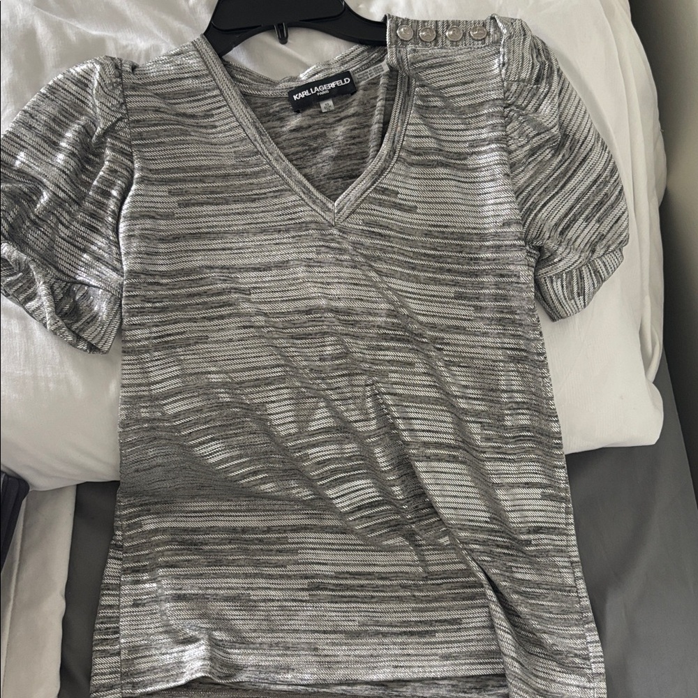 Karl Lagerfeld Striped Gray Blouse with Button Accents